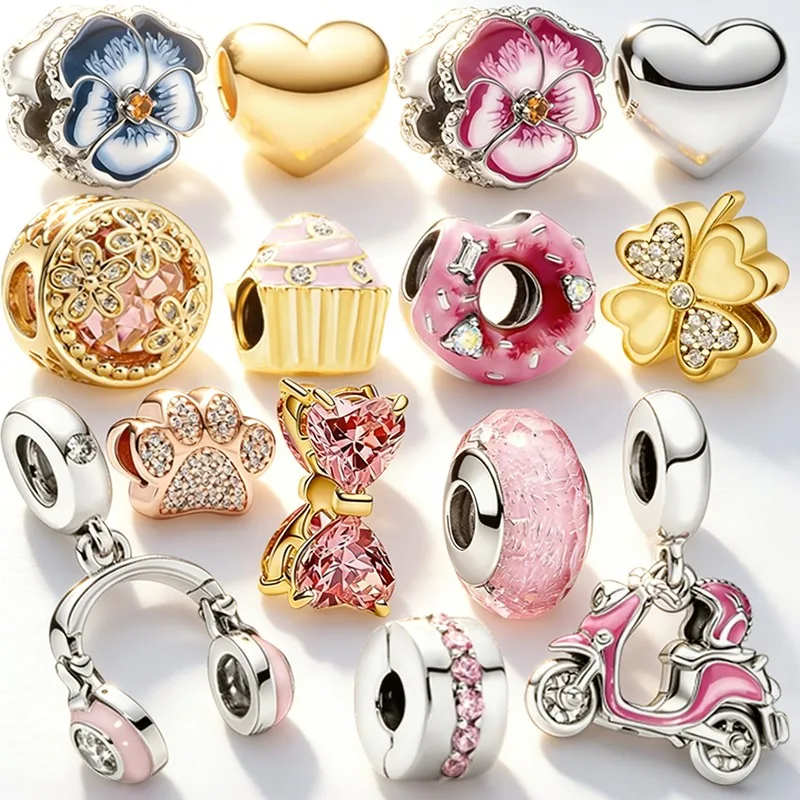 

Hot Item DIY Sparkling Flower Cake Claw Print Heart-shaped Series Charm Bead Pendant Clips Fit Original Snake Bone Bracelet Gift