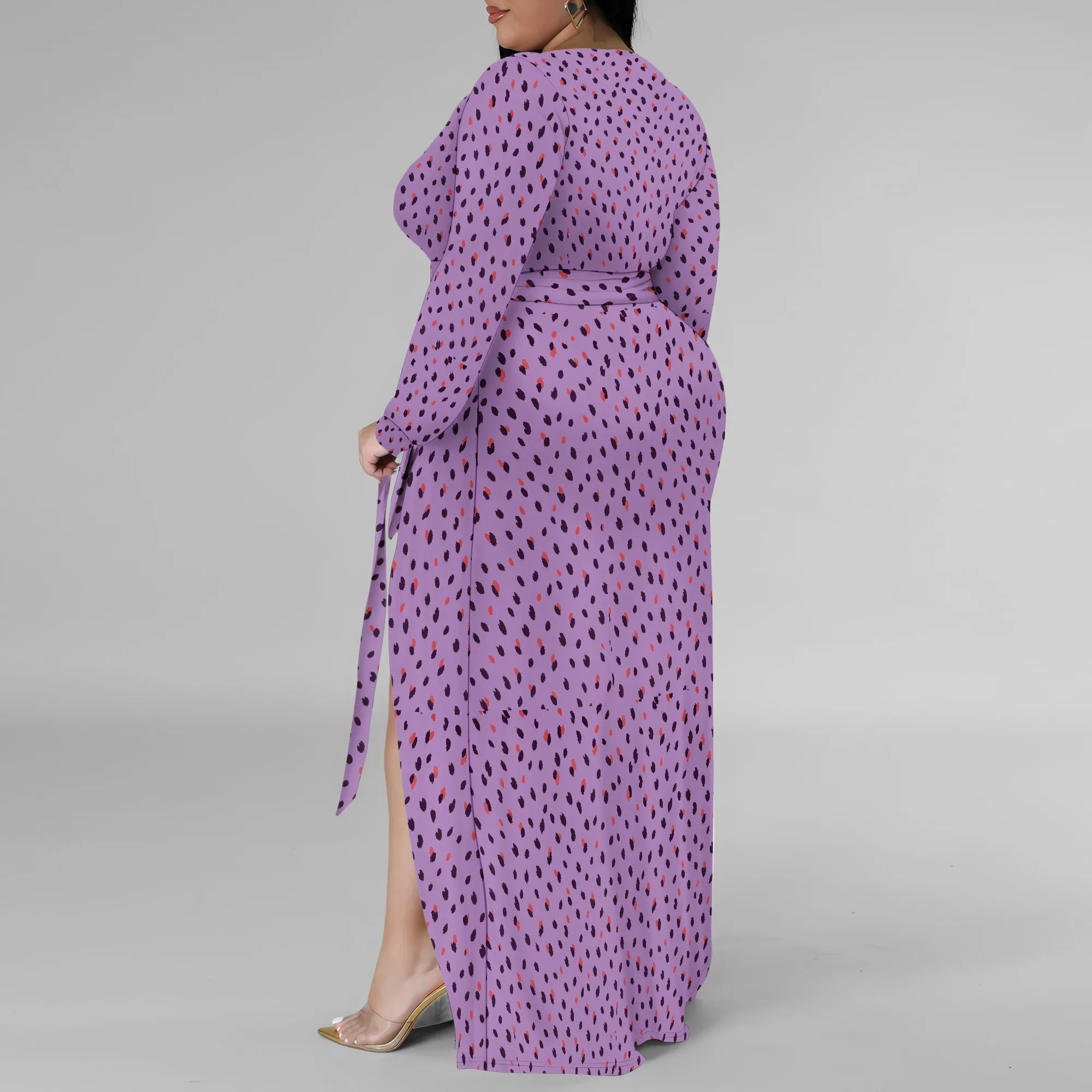 Abiti taglie forti da donna Abito lungo con stampa floreale con spacco fluido manica 3/4 con cintura