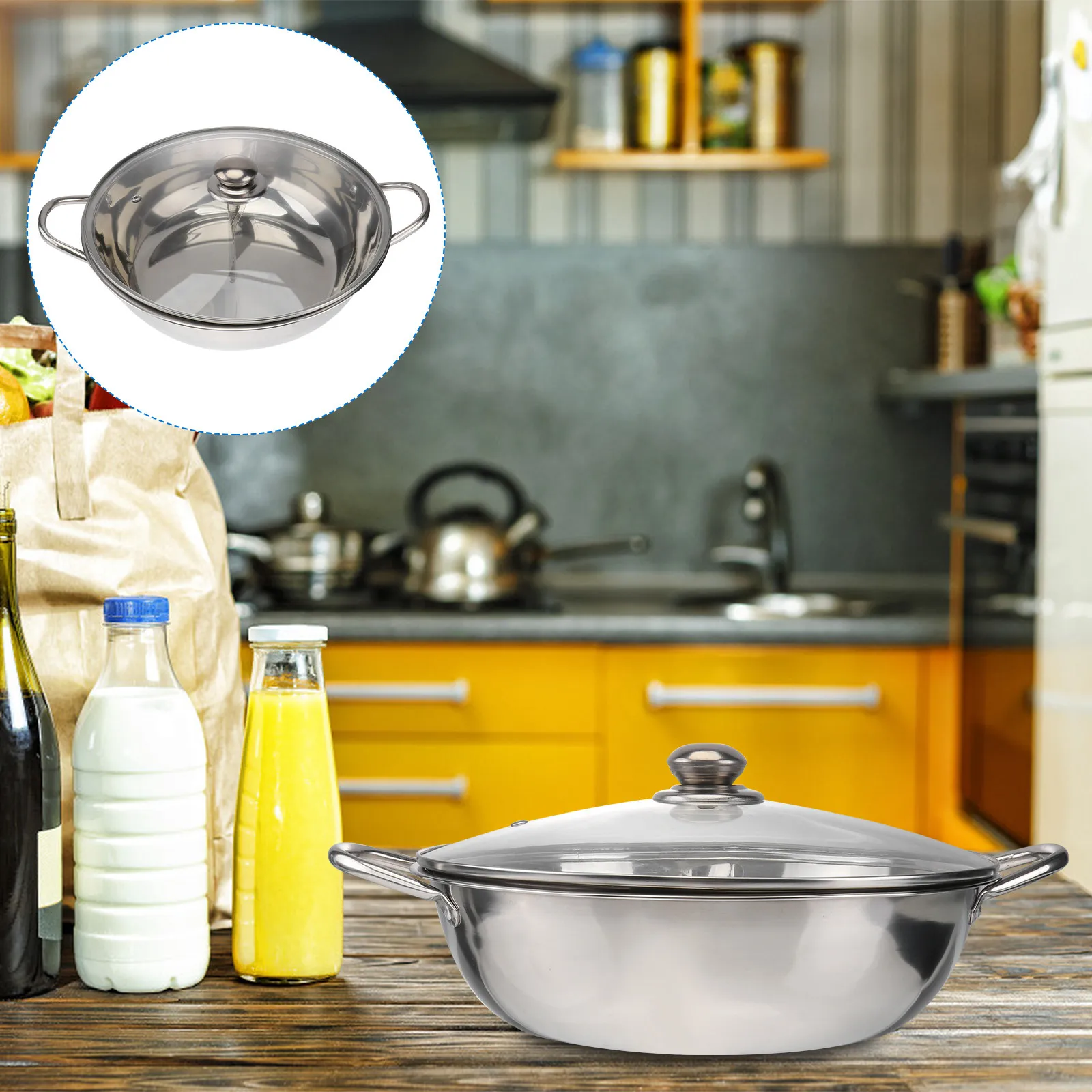 Stainless Steel Hot Pot Cookware with Dual Flavor Divider Thickened Glass Lid Induction Gas Compatible Wide Handle Heavy Duty