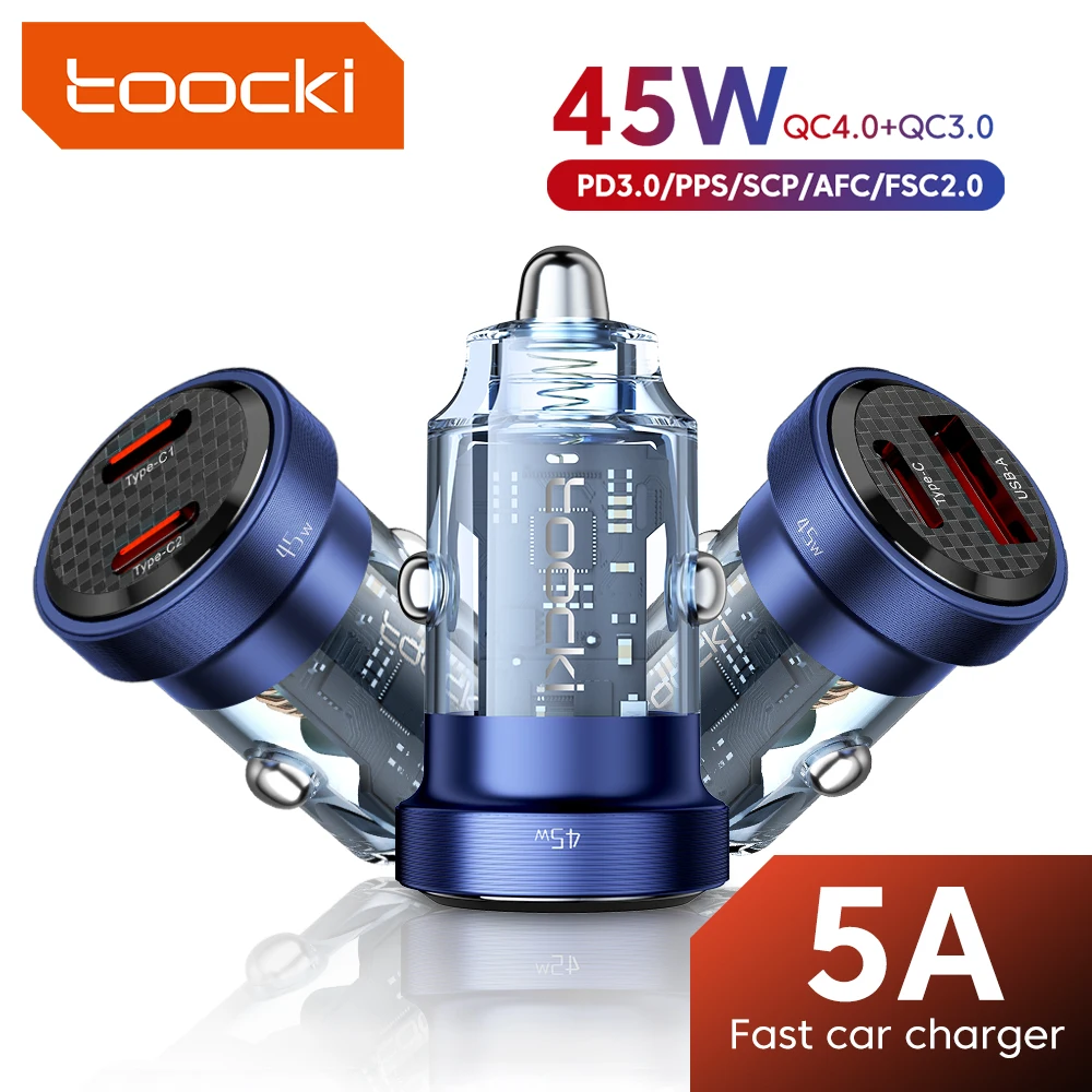 Toocki 45W USB C Car Charger QC3.0 Quick Charge PD Fast USB Type C Car Phone Charger For iPhone iPad Xiaomi POCO Huawei Samsung