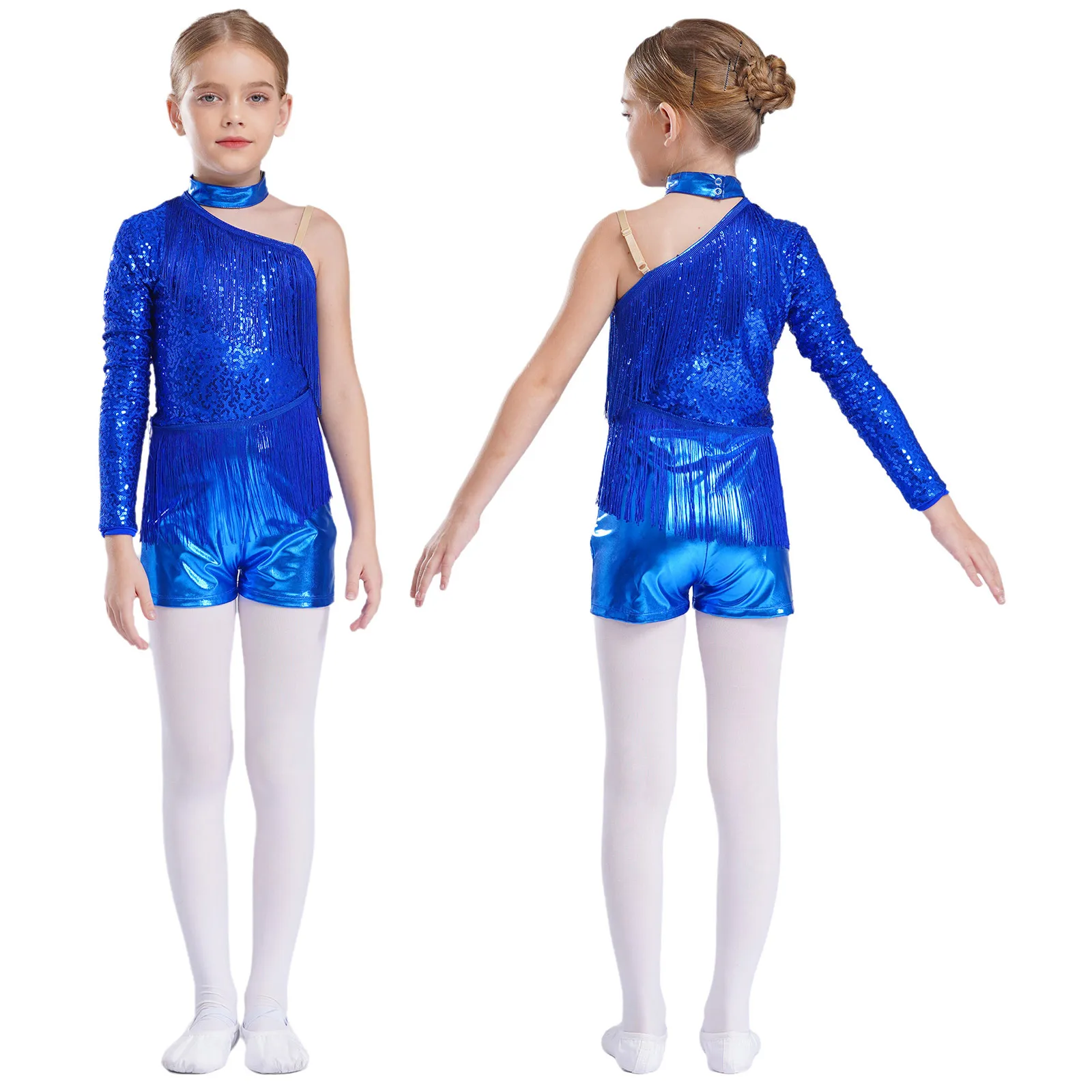 Kids Girls Sequins Jazz Latin Dance Jumpsuit Halter Tassel Metallic Leotard Ballroom Cha-Cha Tango Salsa Performance Costume