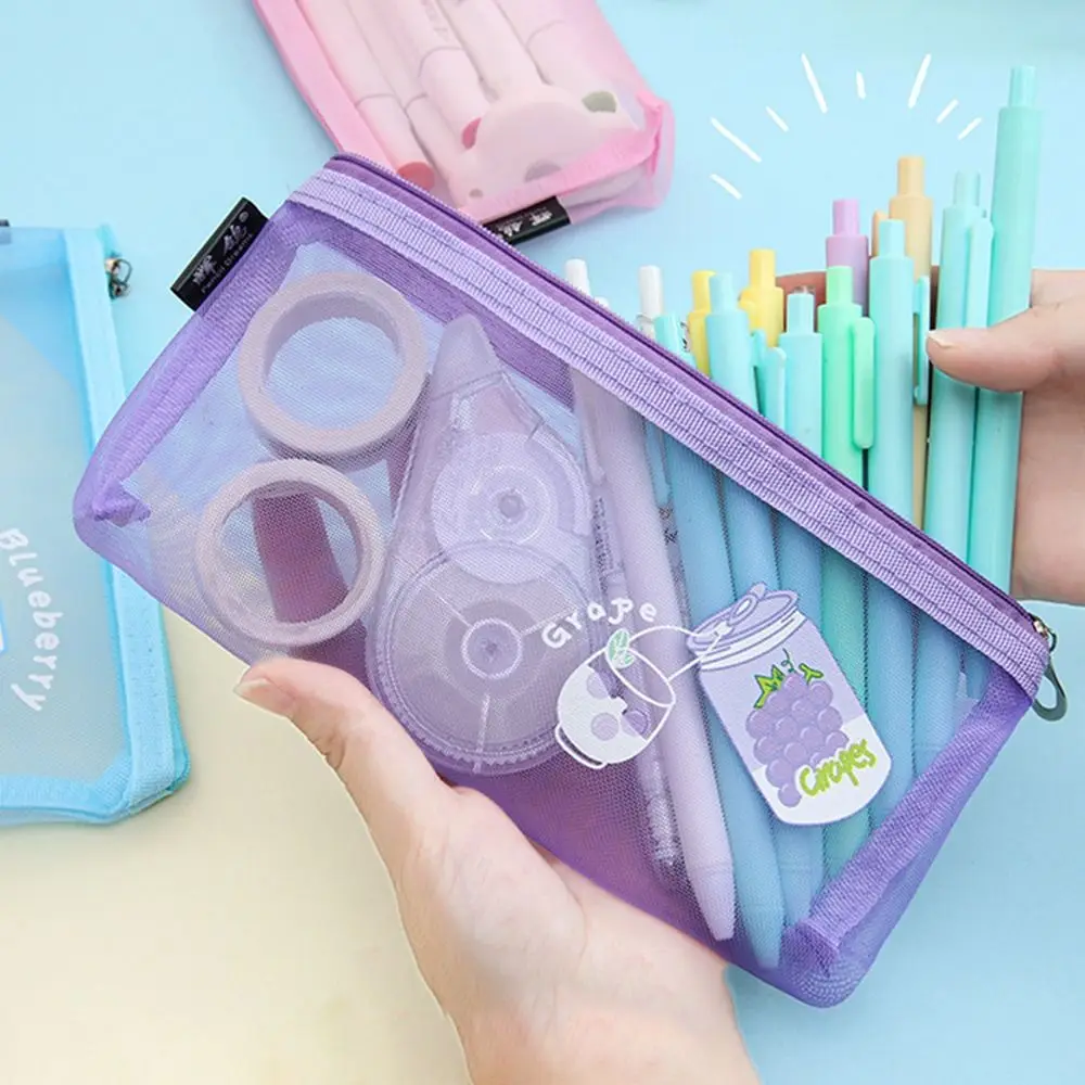 Simple Cute Mesh Pencil Case Creative Transparent Stationery Storage Bag Nylon Mesh Large-Capacity Net Pen Bag Student