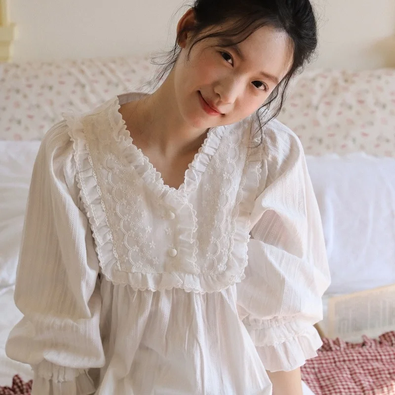 New Vintage 100%Cotton Lace Pajamas Sets Girls Loose Cute Sleepwear Suits Gifts For Lady Homewear