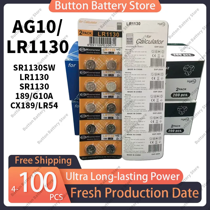 Piles bouton AG10 LR1130 1.55V (4-100 pièces)-pile alcaline pour montres, calculatrices, jouets, laser-LR54 L1131 SR1130 389A