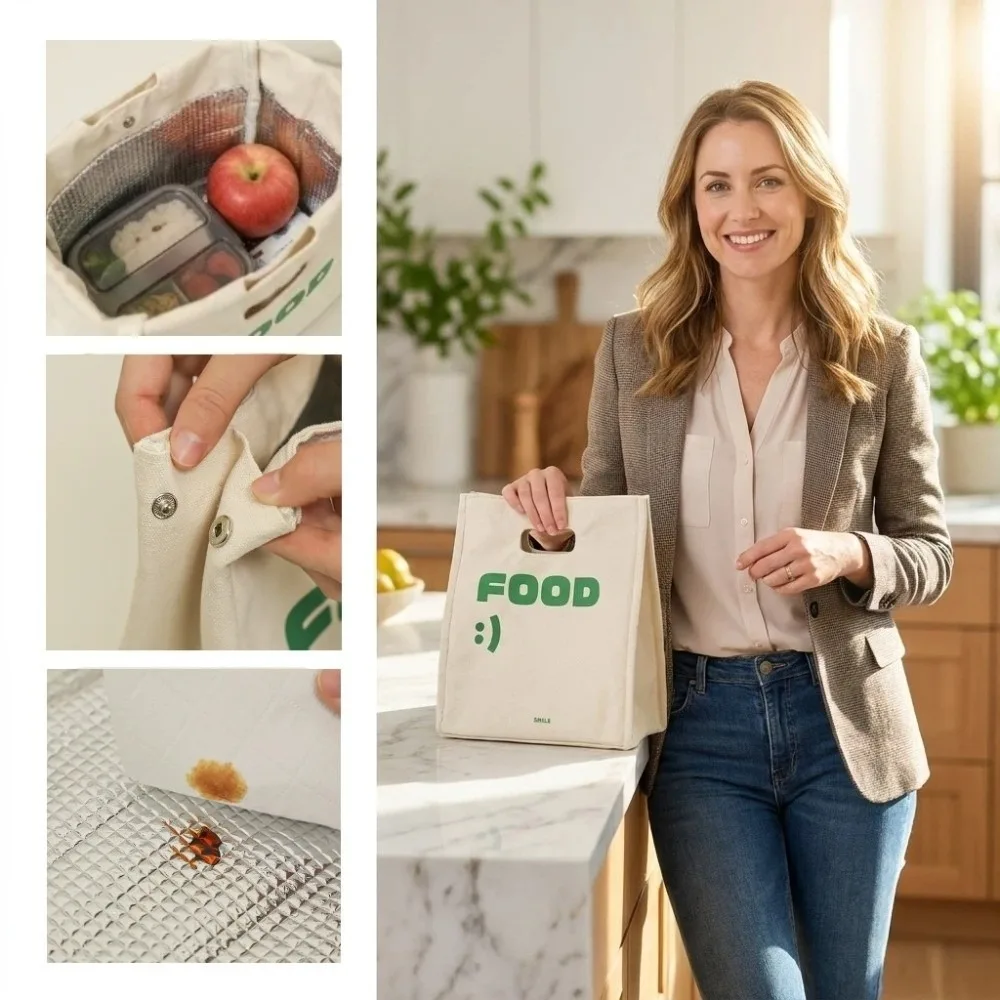 Aluminum Foil Liner Insulated Lunch Bag Large Capacity Canvas Portable Picnic Bag Reusable Leak Proof Food Storage Bag Office