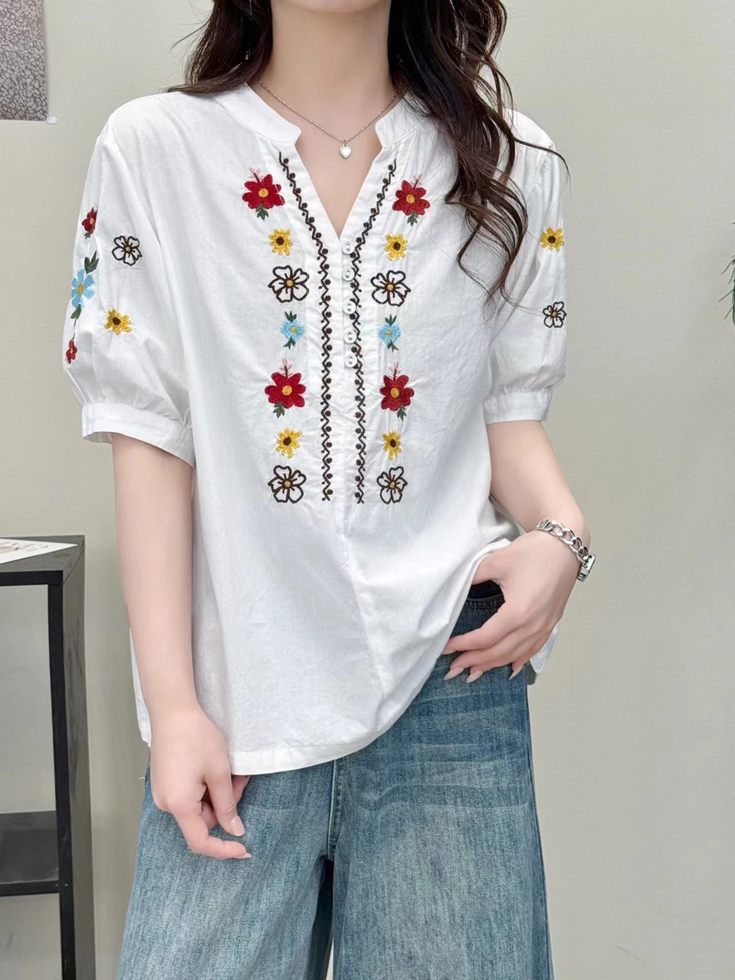 New 2025 Summer Cotton Short Sleeve Shirt, Women V Neck Embroidery, Mori Girl Vintage Ethnic Style Casual Loose Blouse T55771CC