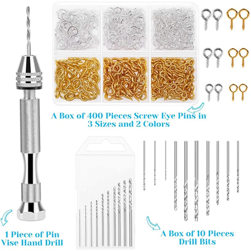 AC88-Resin Tools Kit With 2Pcs Pin Vise Hand Drill 20Pcs Drill Bits And 800Pcs Screw Eye Pins For DIY Keychain Pendant Making