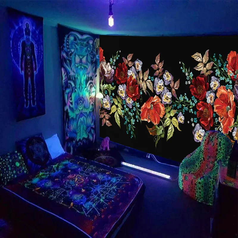 Black Light Tapestry Wall Hanging UV Reactive Psychedelic World Hippie  for Bedroom Dorm Room Private  Decoration