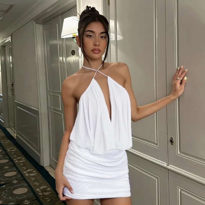 

Summer Women'S New Sexy Cross Tie Strapless Tank Top, Mesh Pleated Dress