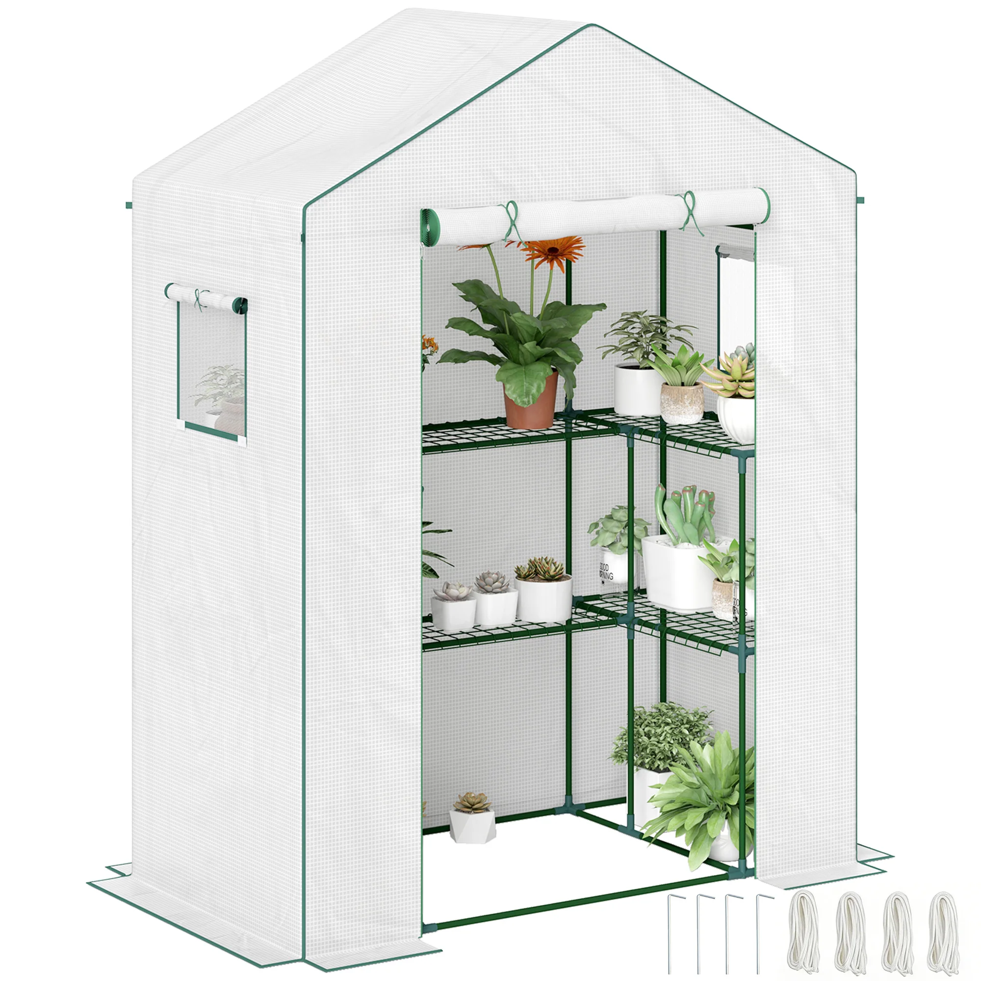 Invernadero de 3 Niveles con 1 Puerta, 2 Ventanas y Estantes en Forma de U para Cultivo de Plantas, 140x73x190 cm, Blanco