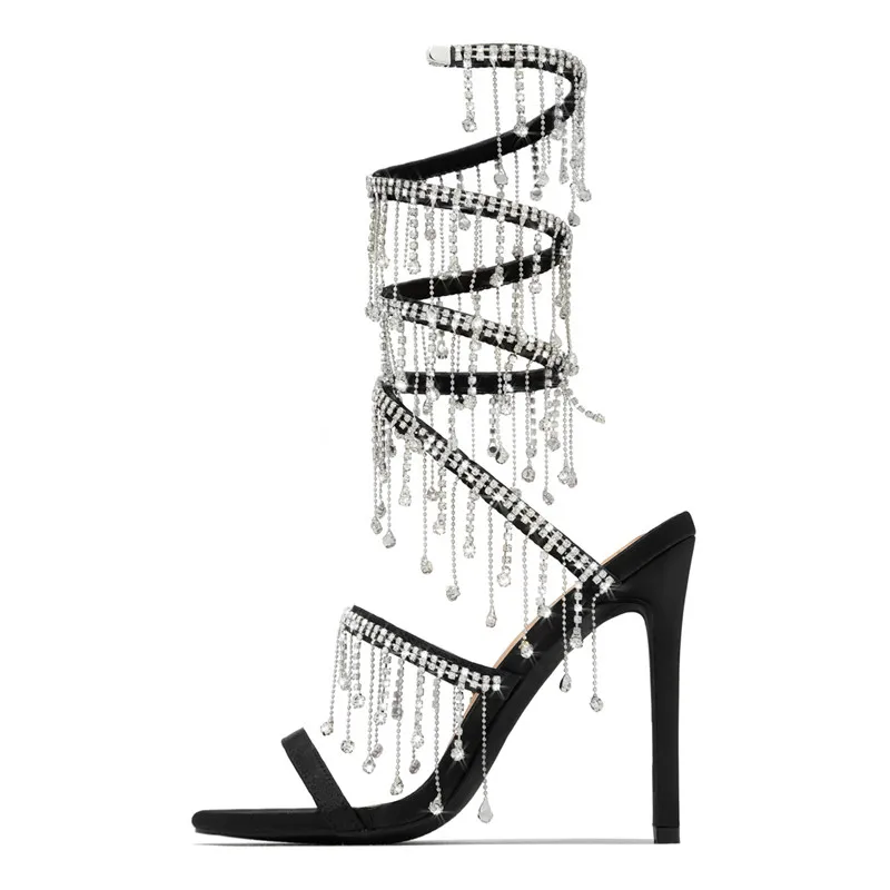 Runway style Bling Bling Crystal Tassels Snake Coiled Women Sandals Sexy Stiletto High heels Summer Fashion Party Prom Shoes