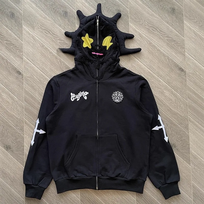 

2025 Толстовка с капюшоном на молнии Glo Gang The Glory, полотенце с вышивкой, острая угловая сетка, шляпа со звездами, мужская и женская нашивка на спине, этикетка с крестом, одежда