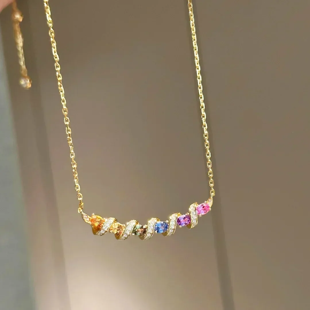 S925 Sterling Silber Halskette mit Bunten Zirkon-Edelsteinen, Schmuck-Accessoire für Damen Abendkleider und Partys – Detail 12