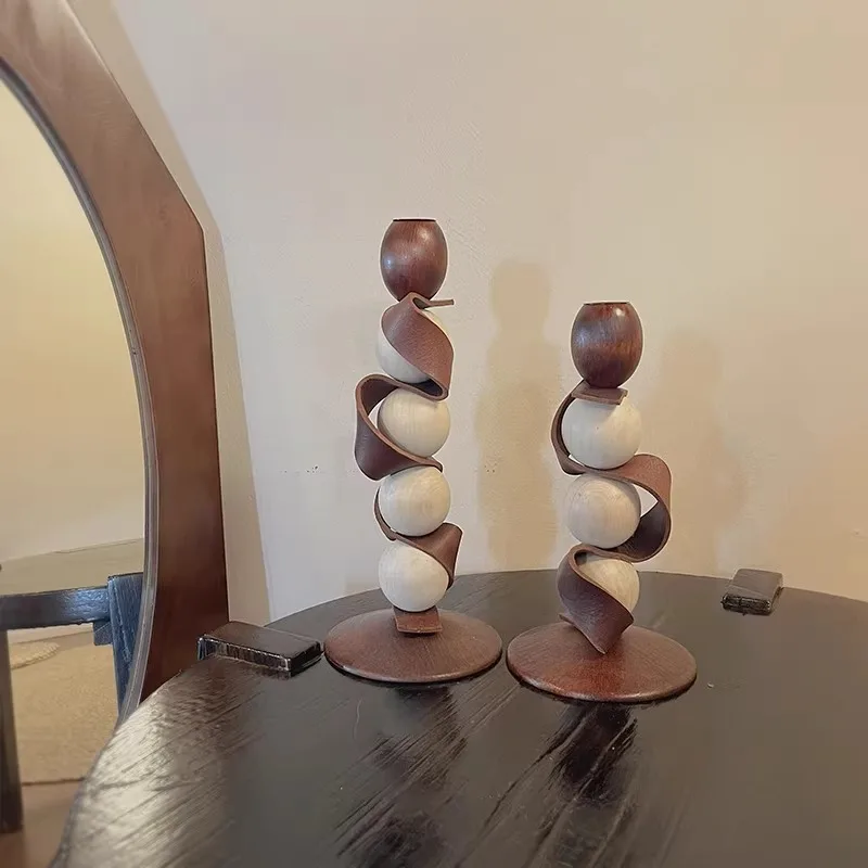 

Wabi-Sabi Wood & Leather Candle Holder Vintage Centerpiece for Homestay Artistic Cafe Decorative Ornaments Retro Tabletop Decor