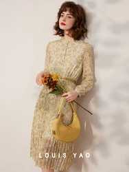 LOUIS YAO Women Dress 2024 Spring and Summer New Long Sleeve Stand Round Neck Floral Dress Sweat with Belt Pleated Long Dress