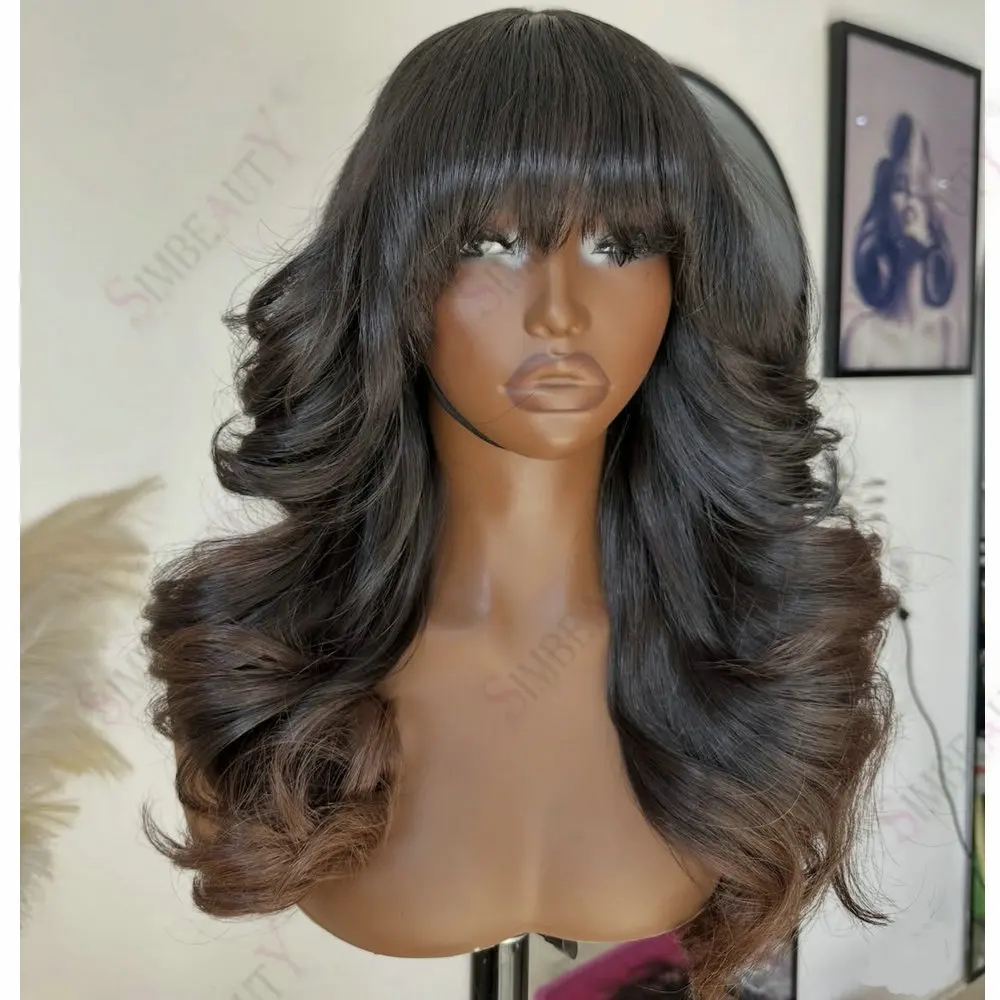 Ombre Chestnut Brown Welliges 100% Remy Brasilianisches Echthaar für Schwarze Frauen, Vollspitzenperücken mit Pony, Klebefreie 360°-Lace-Front-Perücken – Detail 1