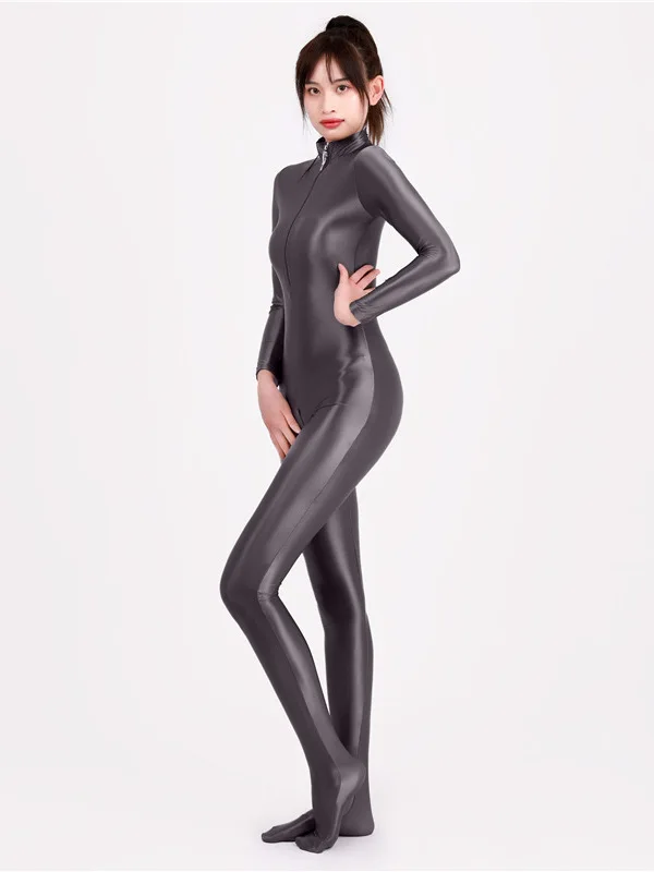 Double Zipper Open File One-piece High Elastic Oily Shiny Tights Silky Sexy Women's Thin SKINNY Solid Color JUMPSUITS Fashion M2