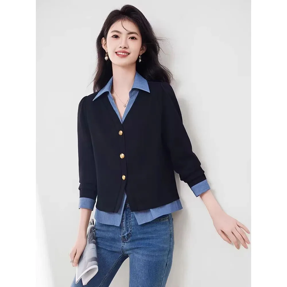 Wiosna Jesień Nowe Koszule Damskie z Wstawkami Casualowe Bluzki z Długim Rękawem Dopasowane Rozpinane na Guziki Bluzki Damskie Udawane Dwuczęściowe Bluzki Damskie