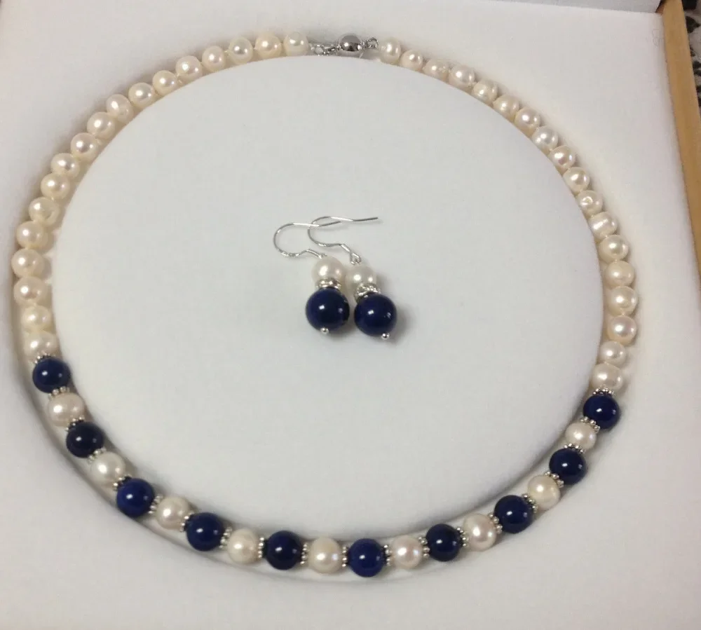 Charming White Akoya Cultured Pearl/Lapis Lazuli necklace earrings set AAA style 100% Natural Noble Fine jewe