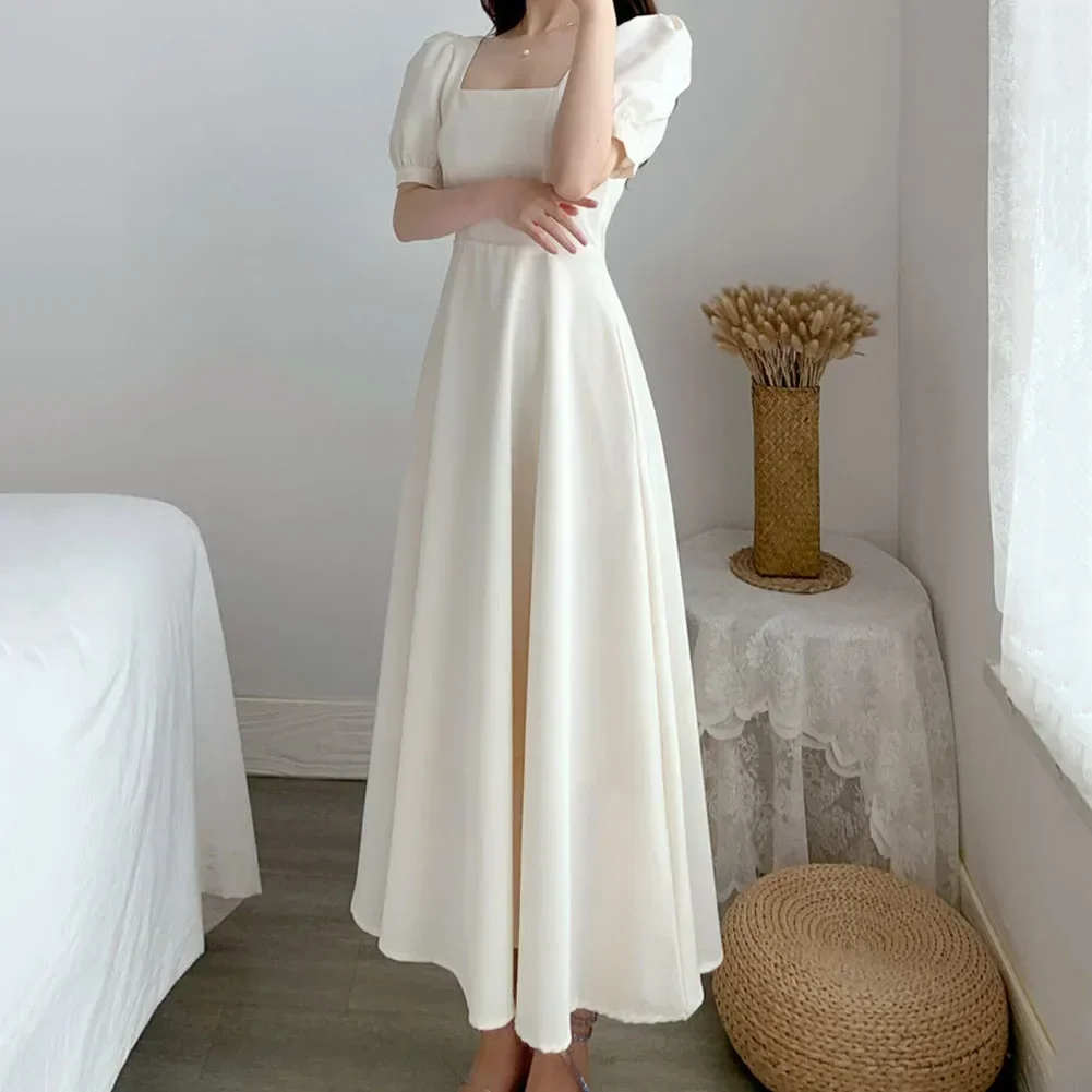 パフスリーブのエレガントなドレス,スクエアカラー,Aライン,カジュアル,無地,韓国語