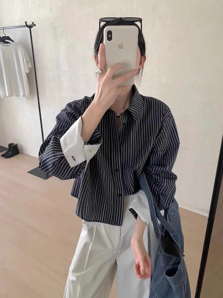 

2025 New Korean Style High-End Color Block Vertical Stripes Elegant Long Sleeve Women's Shirt Design Sensation Top Shirt