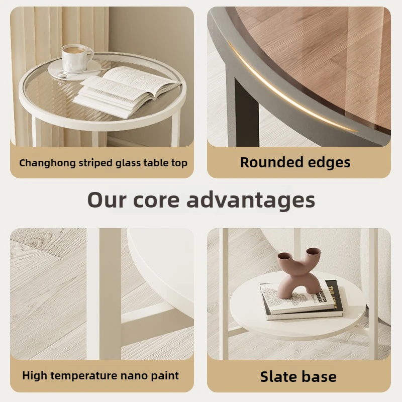 Luxury Double-Layer Side Tables  Round Glass & Slate Coffee Table  Scratch-Resistant Nordic Mobile Accent Table Small Tea teapoy
