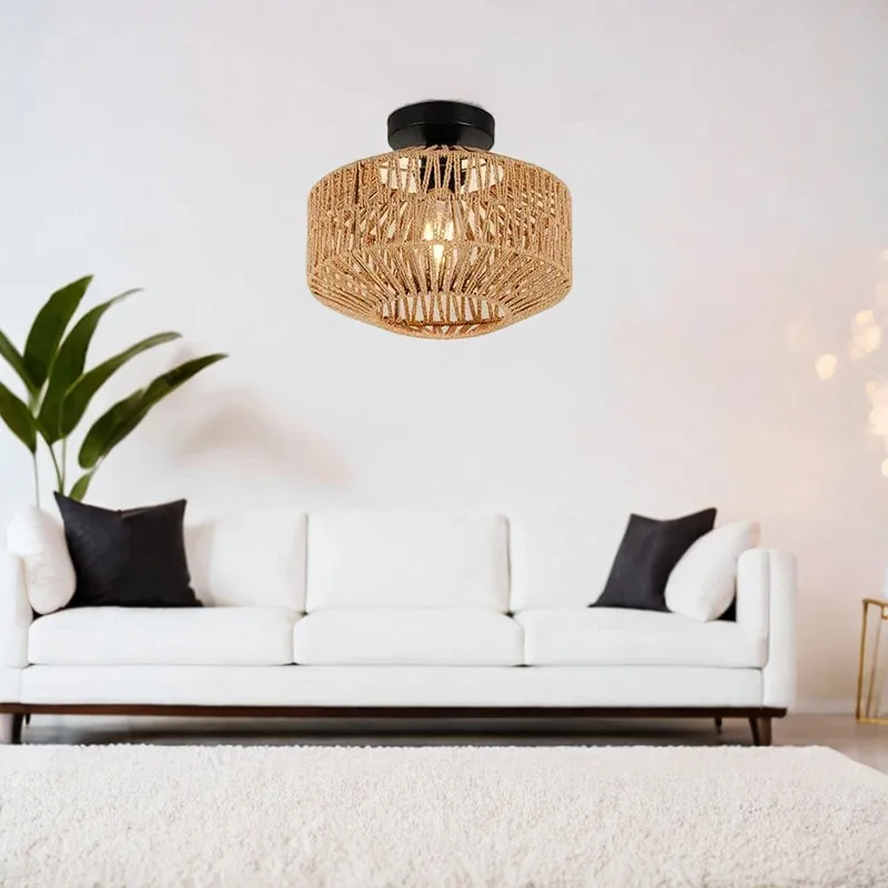 Classic Ceiling Light Handmade Rattan Weaving Hanging Chandelier Lamps For Living Bedroom Home Decor Pendant Light E27 Fixture