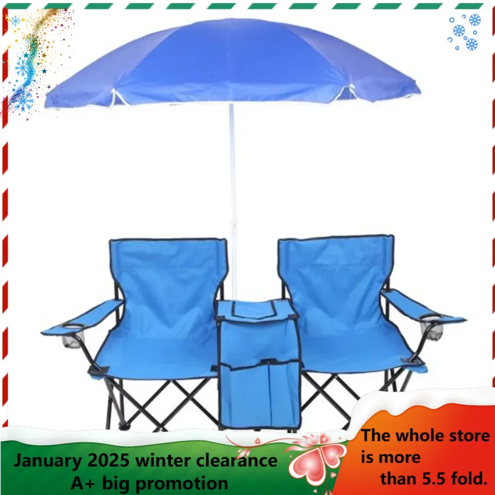 Portable Outdoor Beach Fishing 2 Seater Folding Chair with Detachable Sun Umbrella Blue Made of Steel Tube and Oxford Materials