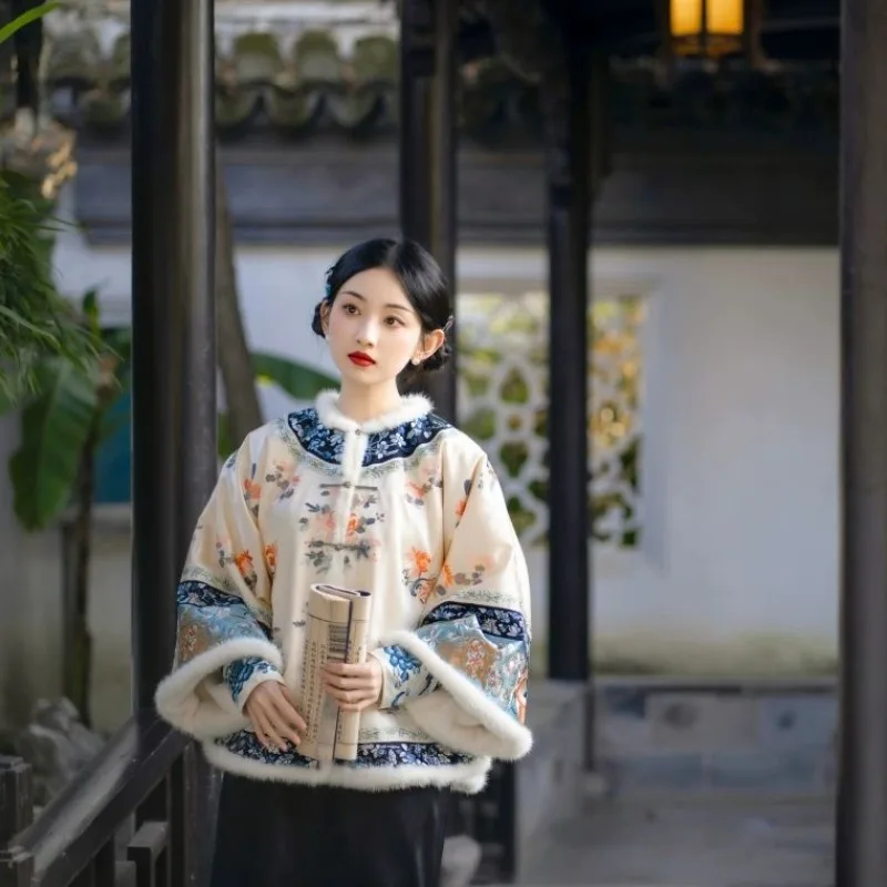 Women Winter Coat Qing Dynasty Style Beige Printed Long Sleeved Thickened Cheongsam Top Horse Faced Skirt Women Chinese Clothes