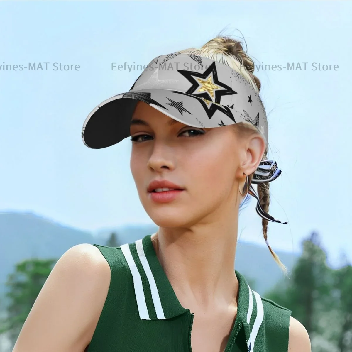 Summer Sun Hat Men Women Adjustable Visor Top Empty Black White And Golden Stars Sports Tennis Golf Running Sunscreen Cap