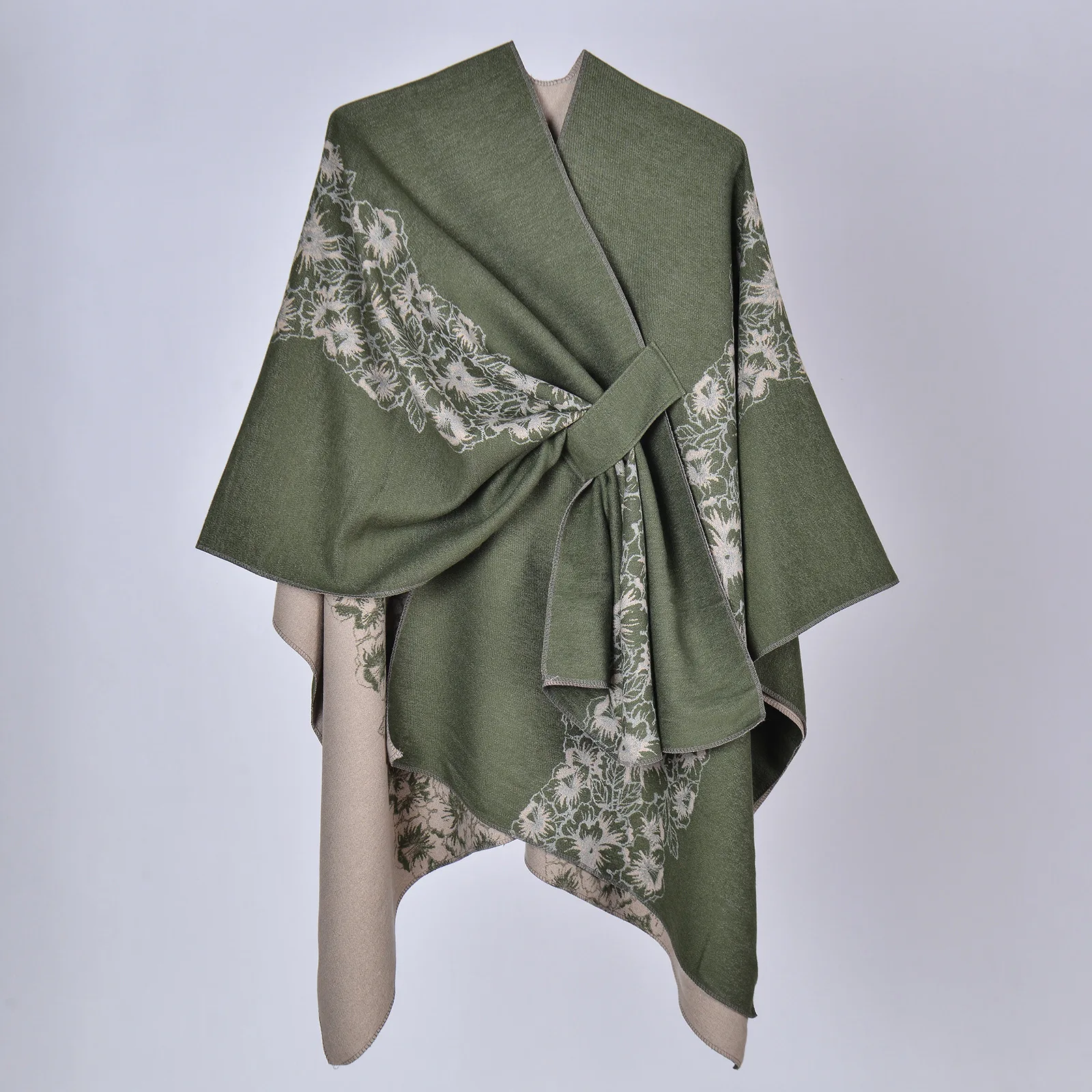 Strap-fastened split shawl  ladies reversible Cape multi-functional imitation cashmere split cloak Women Poncho