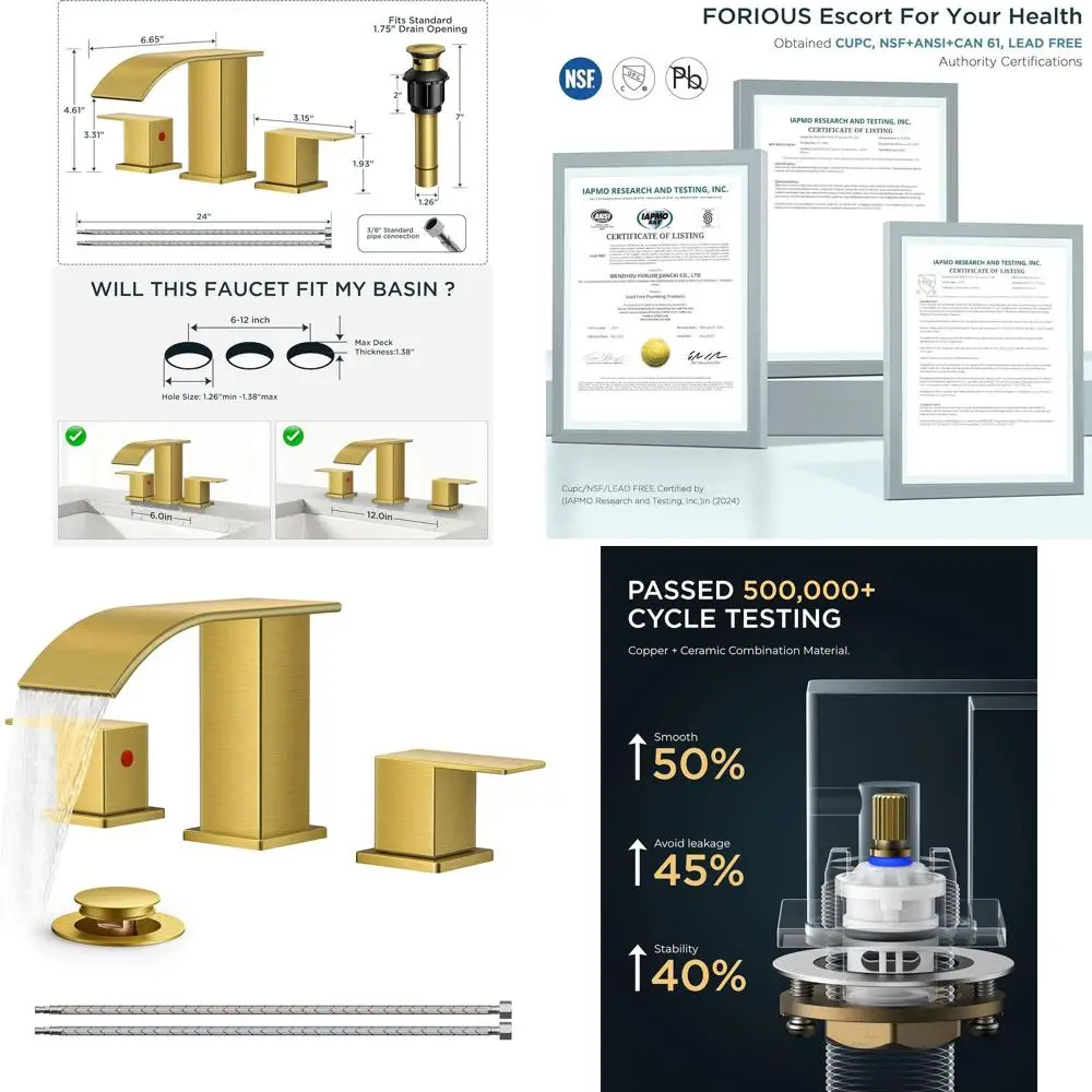 

3 Hole Brushed Gold 8 Widespread Faucet with Pop-up Drain and Supply Lines for Vanity or Bath Sink