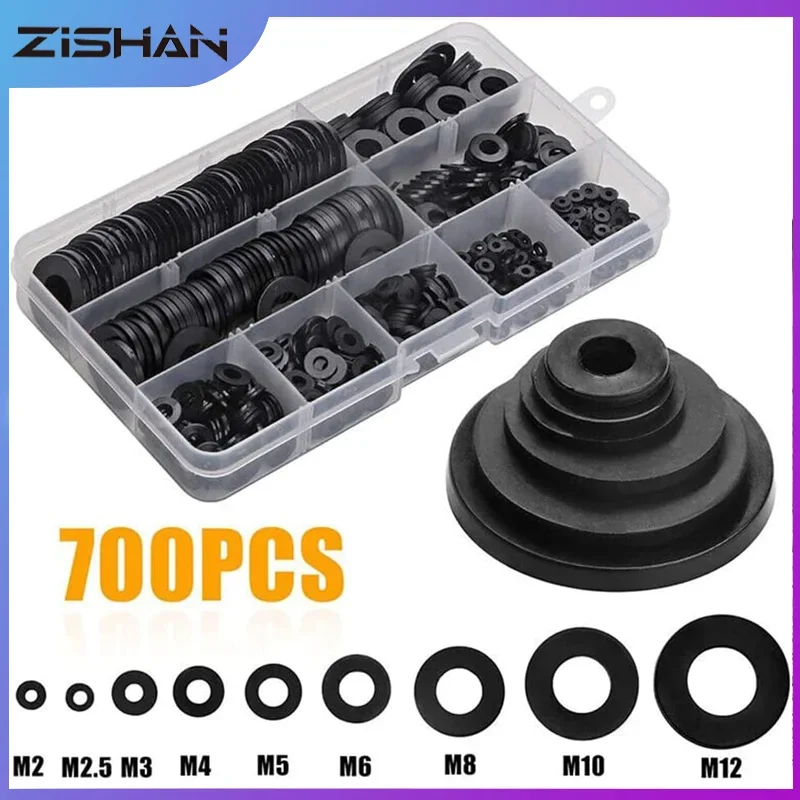 700pcs Black Nylon Washer Box M2-M12 Nine Specification Set Flat Washer Fasteners