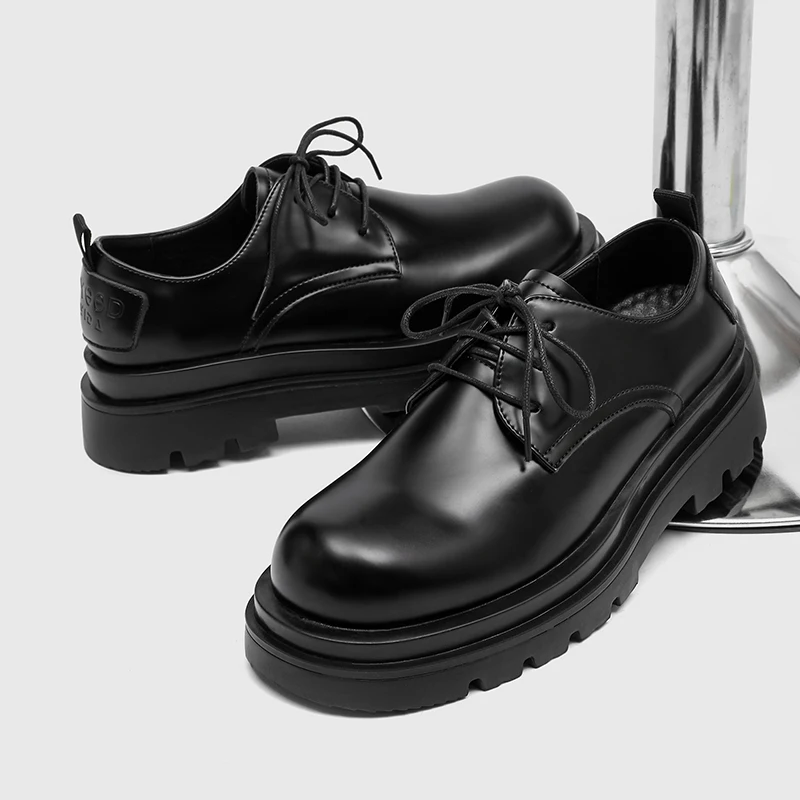 Men Black Casual Leather Shoes Retro British Style Lace Up Thick Soled Wear-resistant Busines Office Shoes Sizes 38-46 Men Shoes