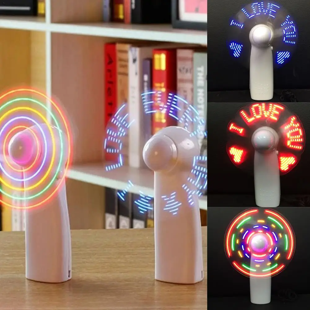 Small Electric Fan With Flashing Words Mini Portable Student Toy Handheld Battery Led Light Cooling Support Rechargeable Fan