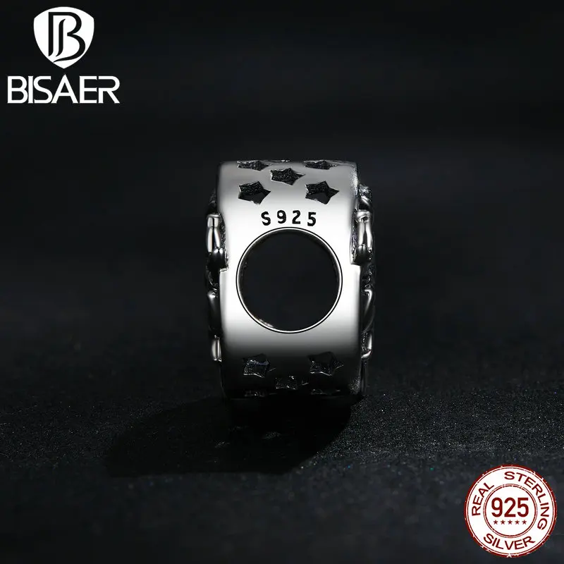 BISAER 925 Sterling Silver Vintage Witch Charm Black Zircon Moon Bead Fit Women Halloween Party DIY Bracelet Jewelry ECC2405