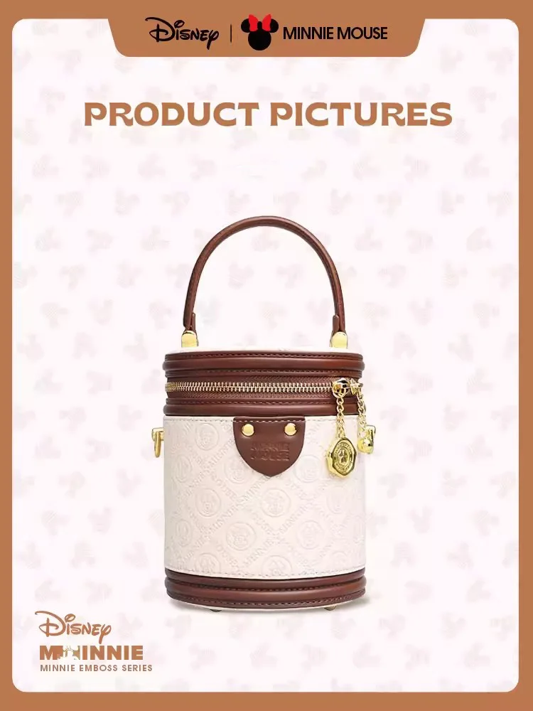 2024 Disney Minnie Bucket Bag Brand Leather Embossed Series Women\'s Crossbody High-End Round Bag Women\'s Daily Storage Bags