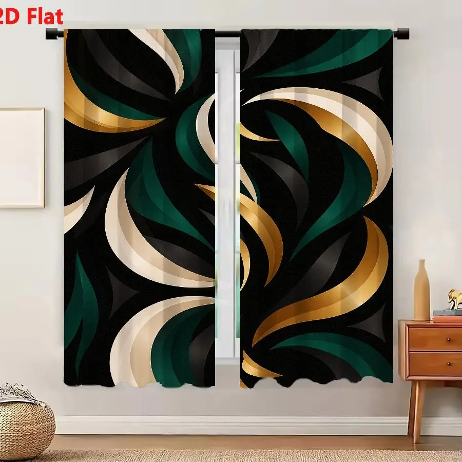 2Pcs Curtains 2D Flat Abstract Decorative Pattern Swirling Shapes In Teal Emerald Green Gold Metallic Yellow Cream Off White On
