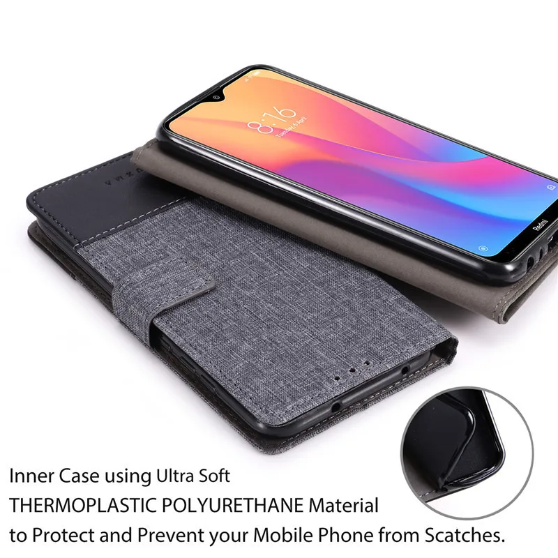 MUXMAFor Xiaomi Mi A2 Lite/Redmi 6 PRO/Redmi Note 6 Pro Muxma Canvas Artificial Leather Flip Cover Stand Card Pocket Wallet Case