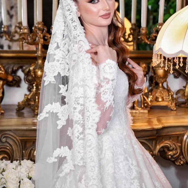 Lace White Appliques Wedding Dresses off-shoulder A-line decal Long tail long sleeves Bridal Gowns Made Customized