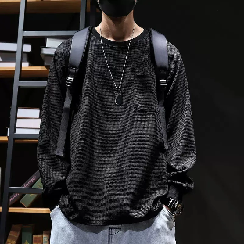 New Spring and Autumn Fashion Brand Waffle True Pocket Solid Round Neck Loose and Versatile Handsome Slim Men\'s Casual Sweater