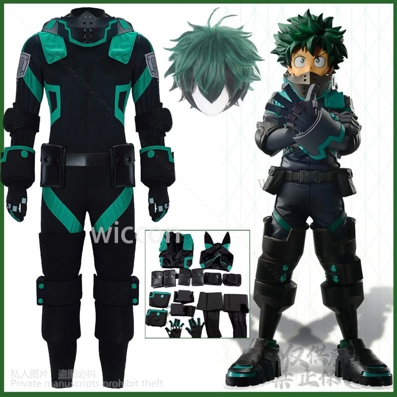 Midoriya Izuku Anime My Heo Academia Cosplay Costume Green Wig Black Battle Uniform Full Set Man Halloween Christmas Customized