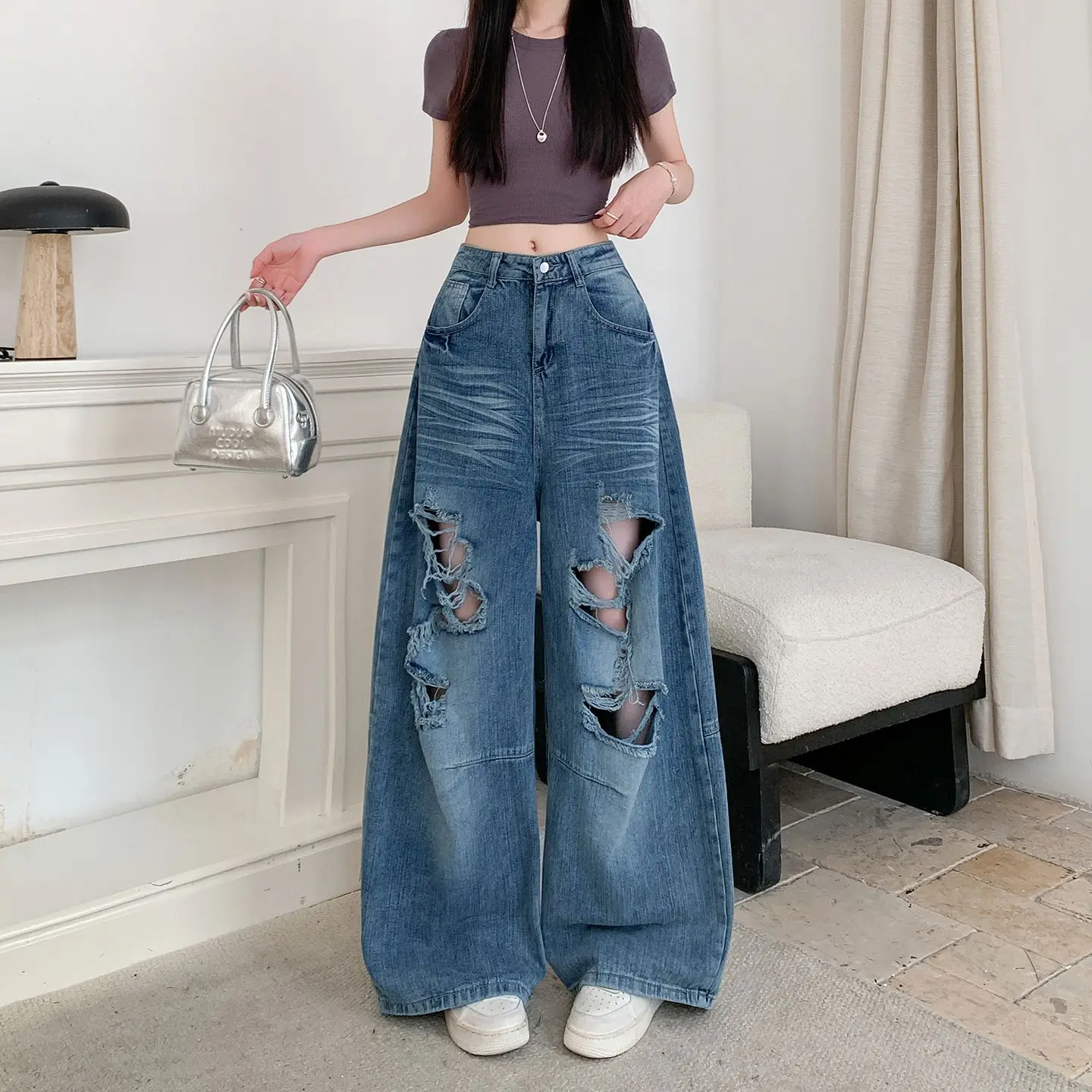 

Retro Washed Distressed High Waist Loose Wide Leg Women's Jeans Summer 2026 New Style Casual Comfortable Fashion Long Trousers