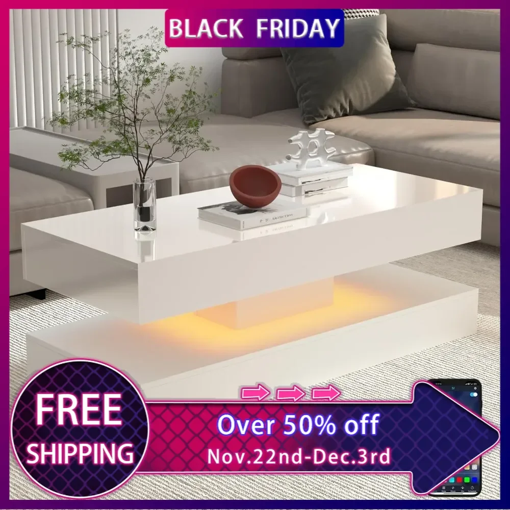 47.3IN High Glossy LED Coffee Table,APP LED Lights,Black/White, Modern Furniture for Living Room (White),Large Storage Space