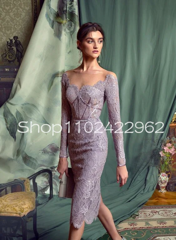 

Customized Lilac Lavender Knee-length Evening Cocktail Dress Sheer O-neck Long Sleeve Full Lace Mermaid Prom Birthday Dress Wear