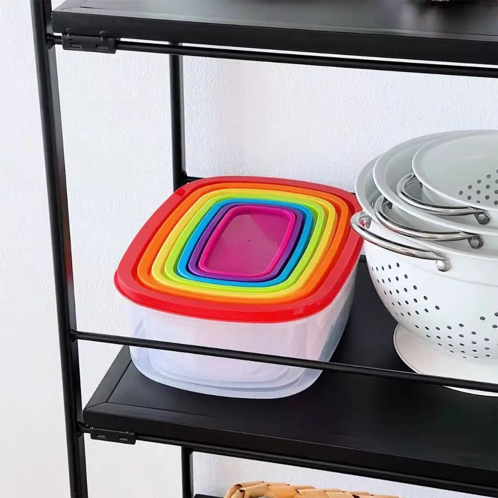 7Pcs Rectangular Food Storage Bowl Plastic Rainbow Freshing Box Food Preservation Rapid-Access Sealed Food Container Household