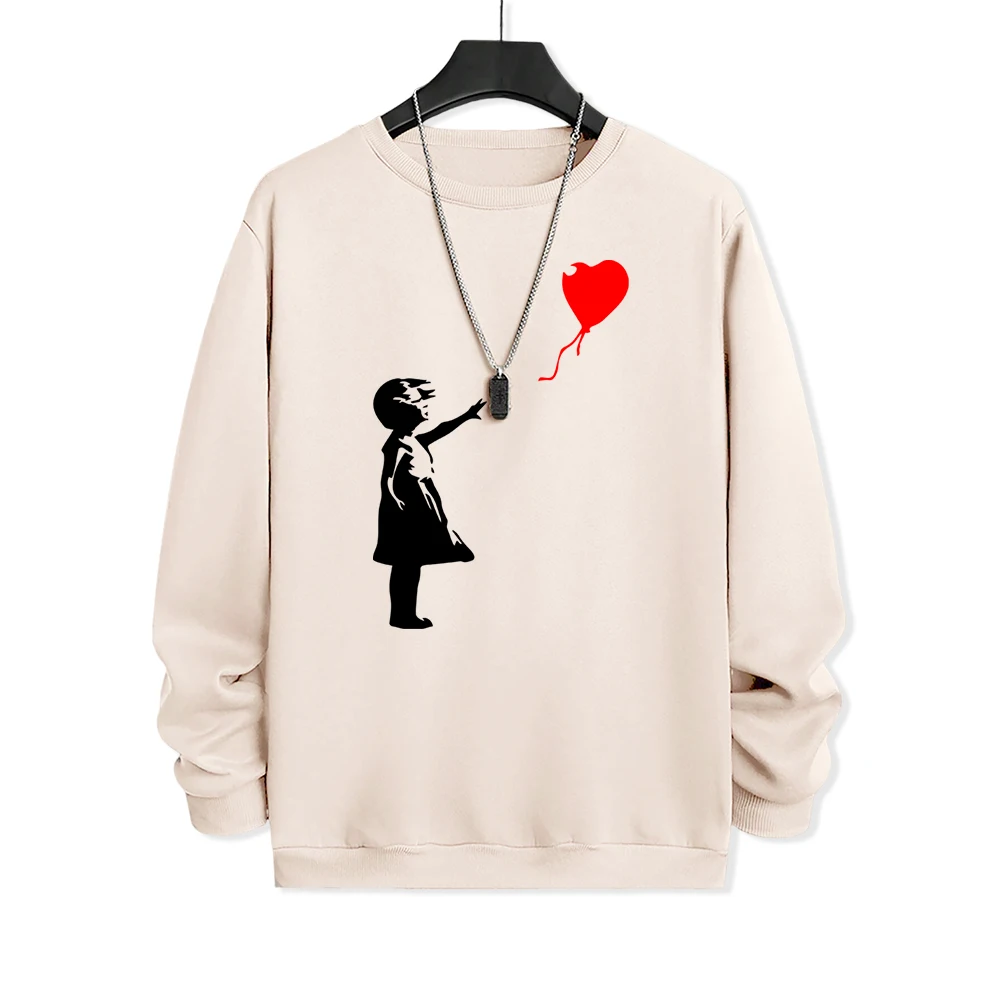 Little Girl Launches Love Balloon Hoodies Men Street Hip Hop Hoody Loose Crewneck Sleeve Clothes Fleece Loose Sweatshirt Autumn