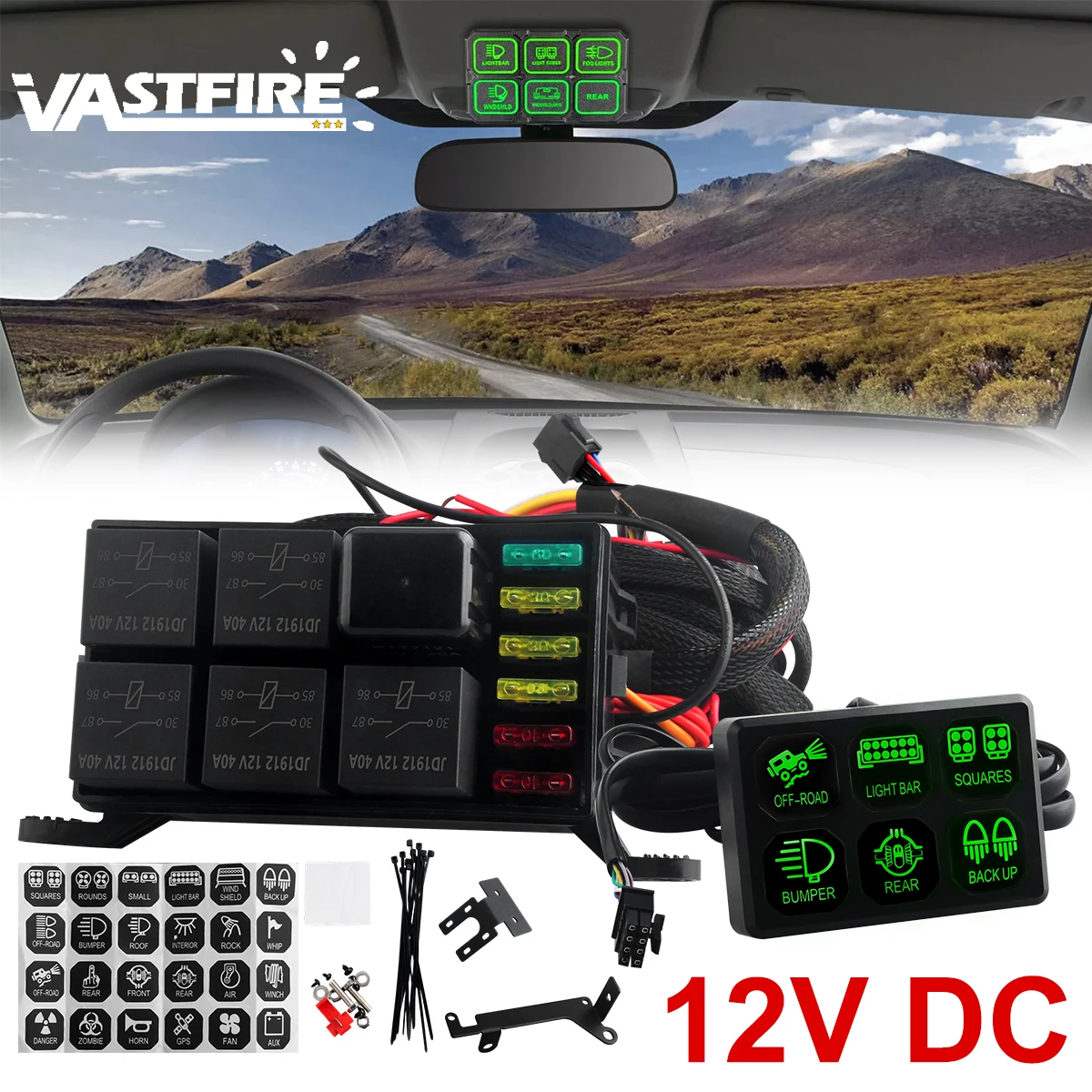 6-Gang-Schalterpaneel-System, Stromkreissteuerung mit Relais und Sicherungs-Kabelbaum, automatisch dimmbares Ein/Aus LED-Schaltermodul für 12V Autos, LKW, Wohnmobile und SUV