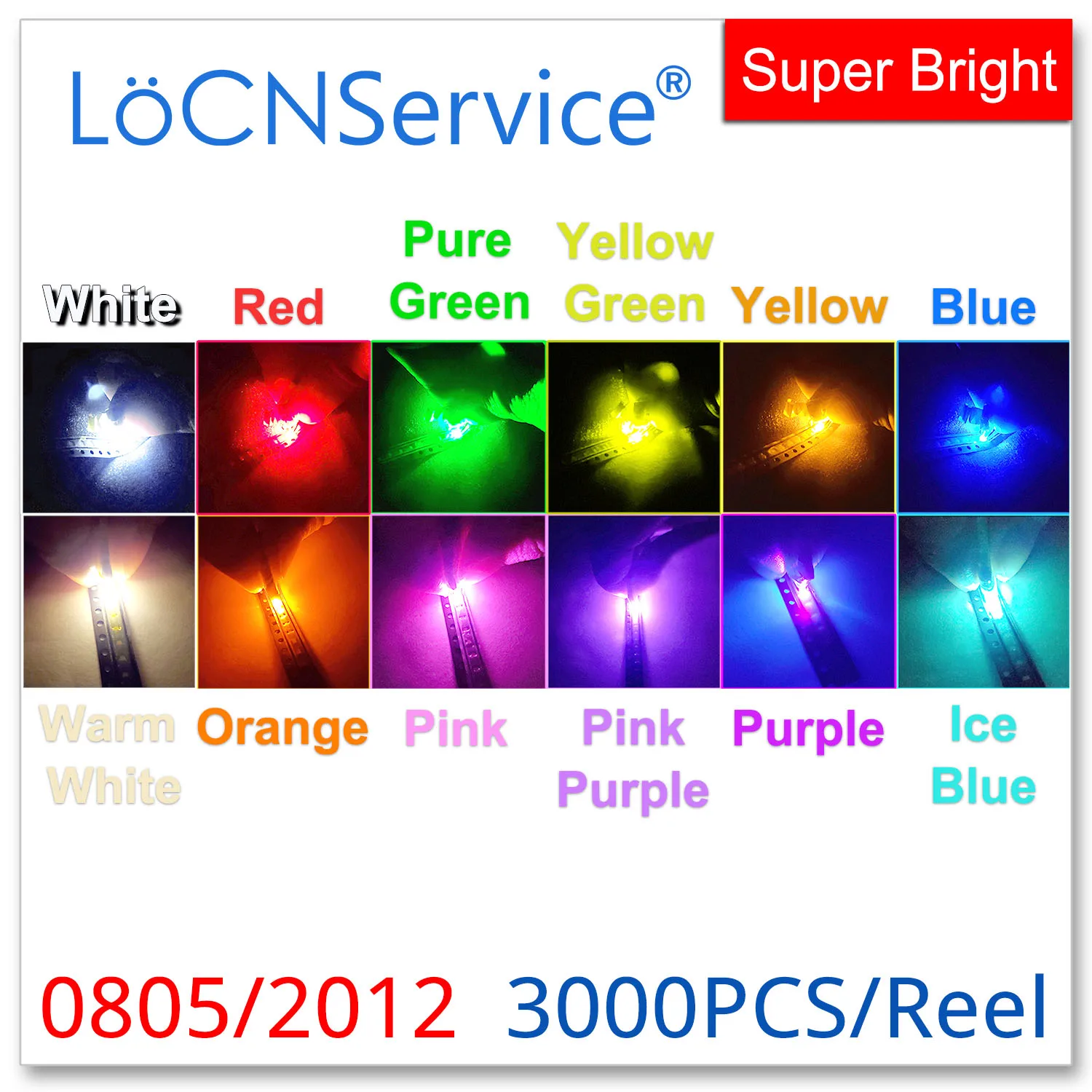 LoCNService 0805 2012 SMD LED 3000PCS Red Orange Yellow Green Jade green Lce Blue White Warm white Pink Purple High Light