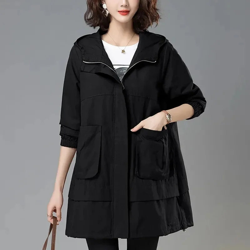 2024 Women Trench Coat With Hooded Tops Autumn New Coat Long-Sleeved Loose Mid-Length Outerwear Female Windbreaker